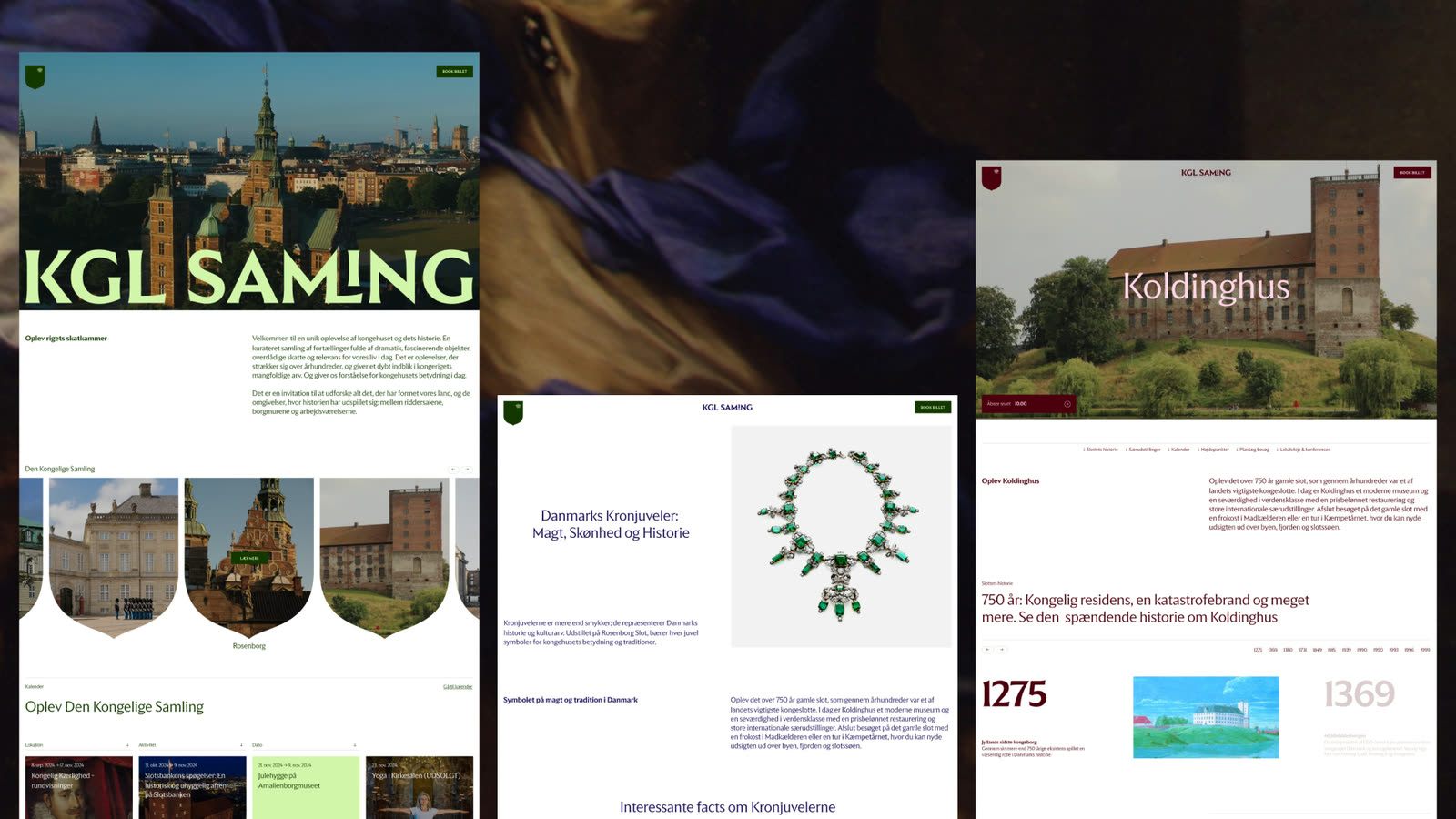 Three page types overlapping: the Kgl. Samling front page with shield-shaped venue cards and an events calendar, the Crown Jewels exhibition page, and the Koldinghus venue page with its century timeline.