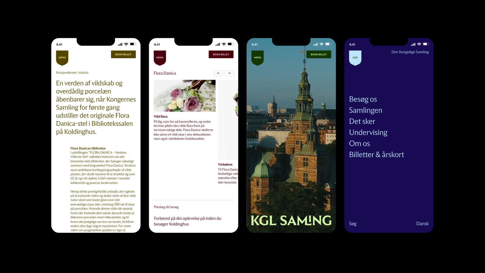 Four mobile screens: a long-form article, a horizontally scrolling Flora Danica card carousel, a full-bleed hero with the Kgl. Samling wordmark, and the expanded navigation menu on deep blue.