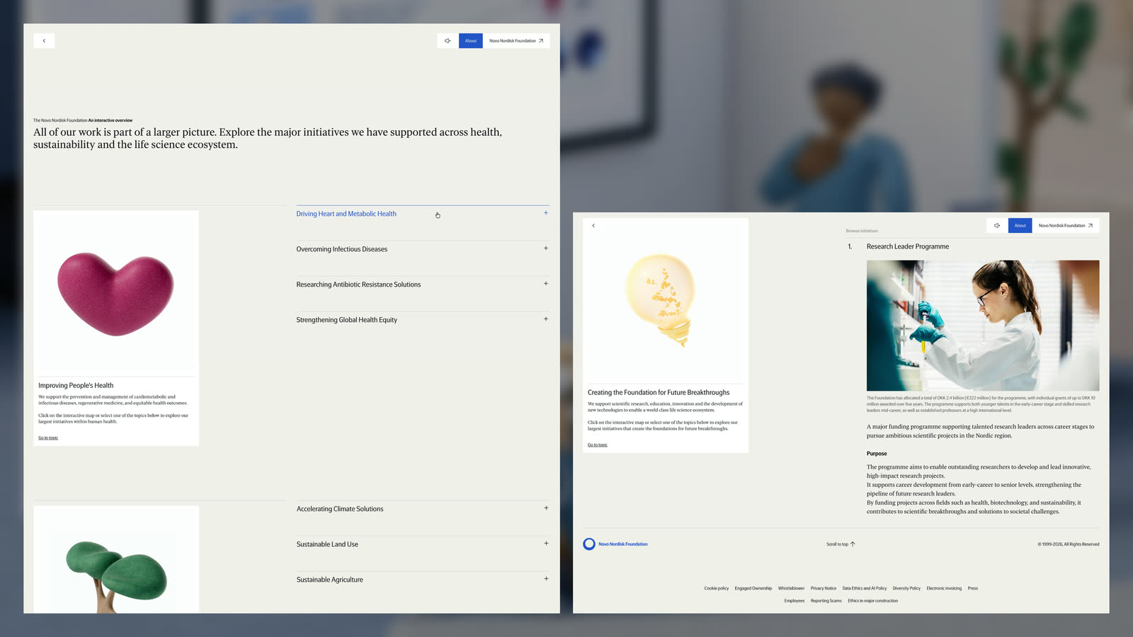 Two desktop screens: the initiatives page listing each theme as an expandable row beside sculpted heart and tree cards, and a programme page for the Research Leader Programme with a photograph of a scientist at the bench.